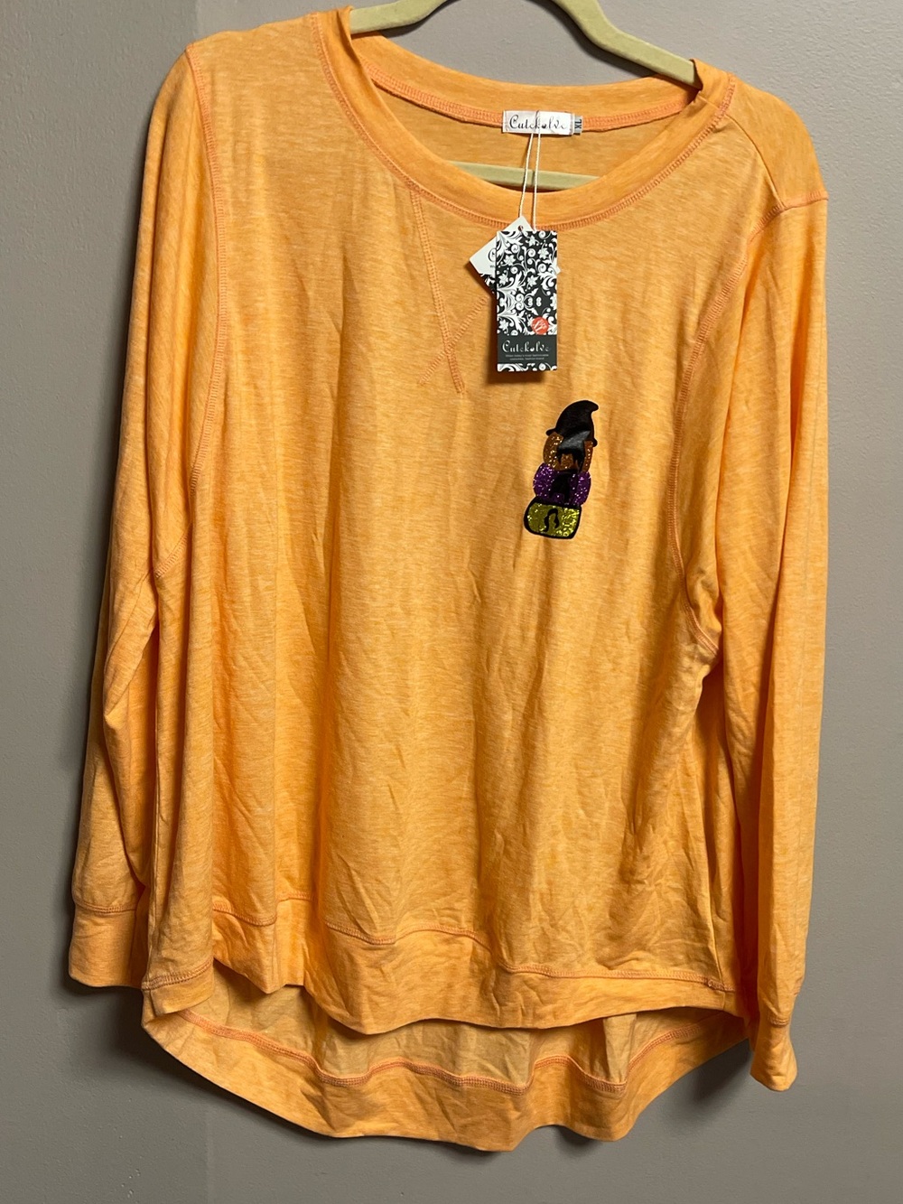 Orange Hocus Pocus Long Sleeve Pullover with Sequin Witch Accent